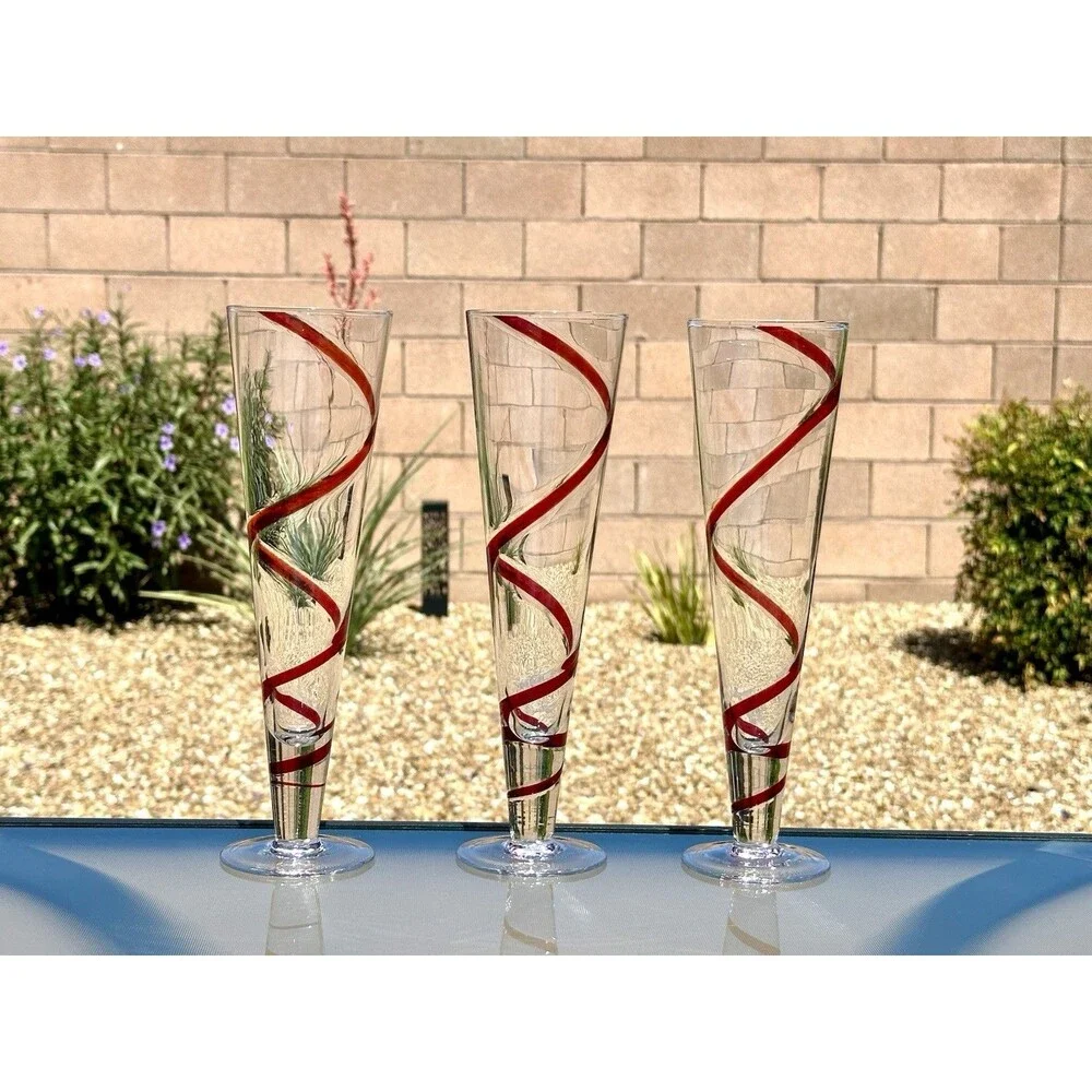 3 Pier 1 Imports Red Swirline Ribbon Swirl Red Pilsner Beer Fluted Glasses Tall